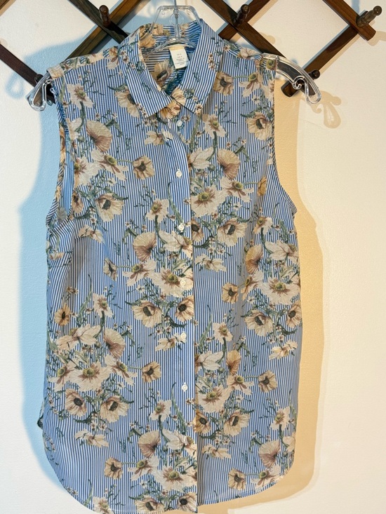 H&M Tops - H&M Blouse Women's Sz 6 Blue/White Stripe Floral Hi Low Hem
